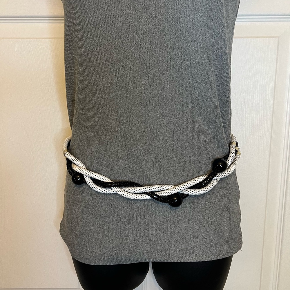 Black White Braided Belt Waist Chain Mail Metal Mesh Beaded Retro Rock Punk